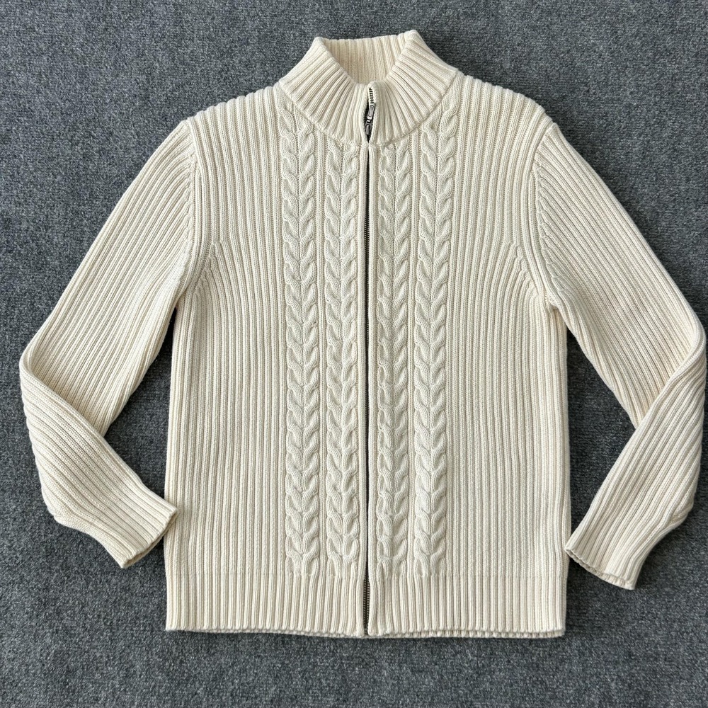 Lands End Sweater Youth 10-12 White Cable Knit Full Zip Mock Japan Vintage Kids - Picture 1 of 10